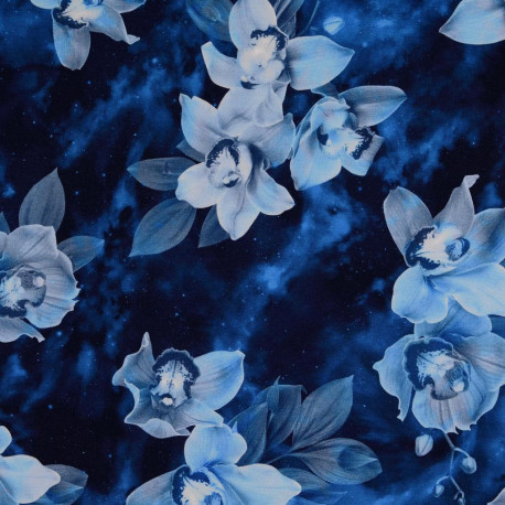 French Terry ungeraut - blaue Orchideen