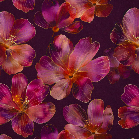 Leinen Mischgewebe Adria - Blüten fuchsia-bordeaux